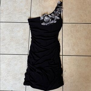 Vintage Y2K Deb One-Shoulder Black and Animal Print Ruched Mini Dress💕